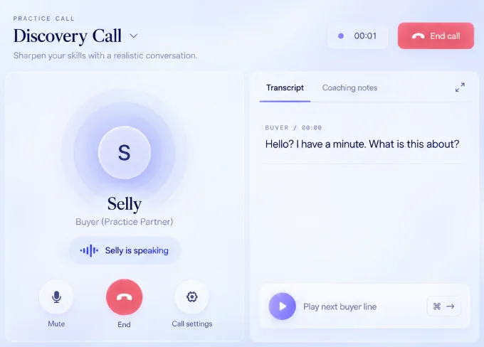Discovery call practice with Selly, showing the buyer conversation, transcript and coaching notes.
