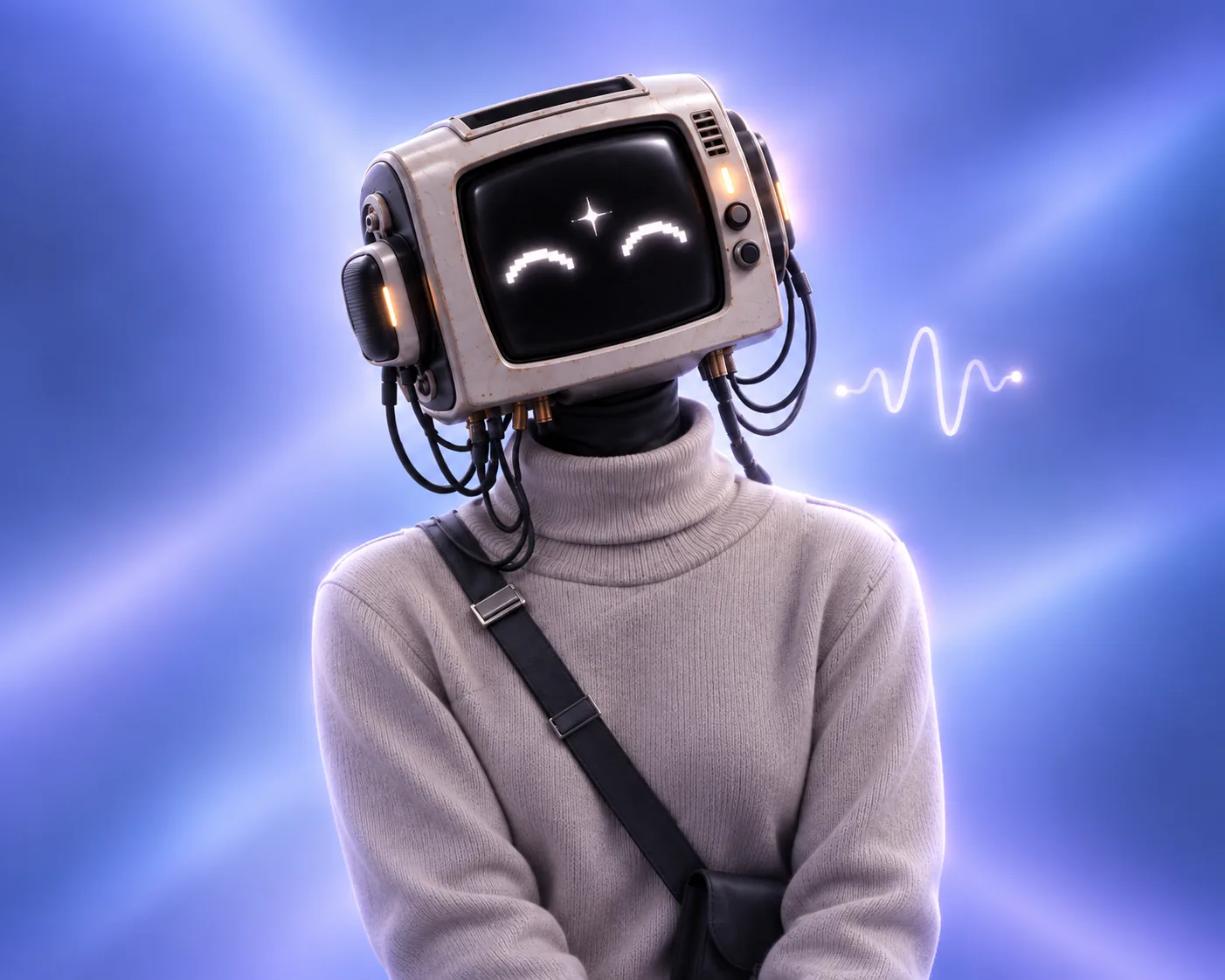 Selly listening attentively with a luminous conversation waveform.