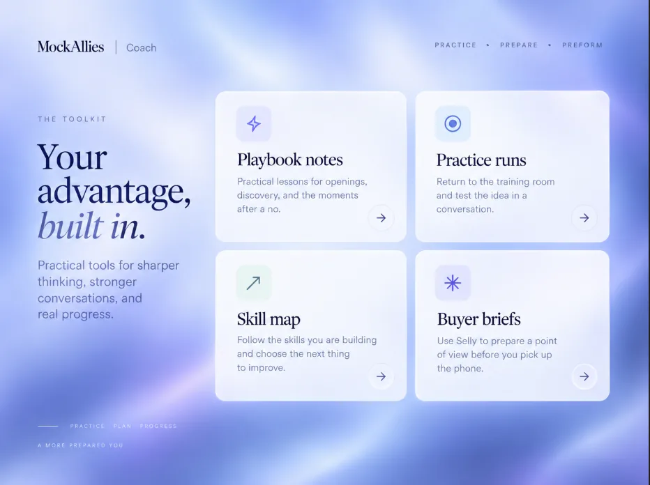 MockAllies coaching toolkit with playbook notes, practice runs, a skill map and buyer briefs.