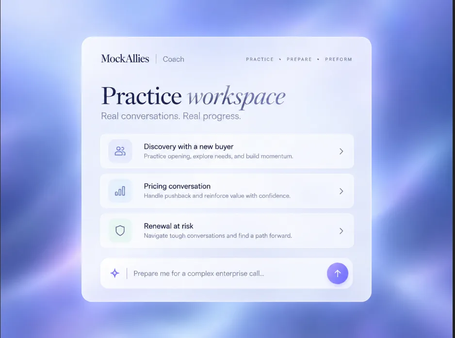 MockAllies Practice Workspace with discovery, pricing and renewal conversation scenarios.