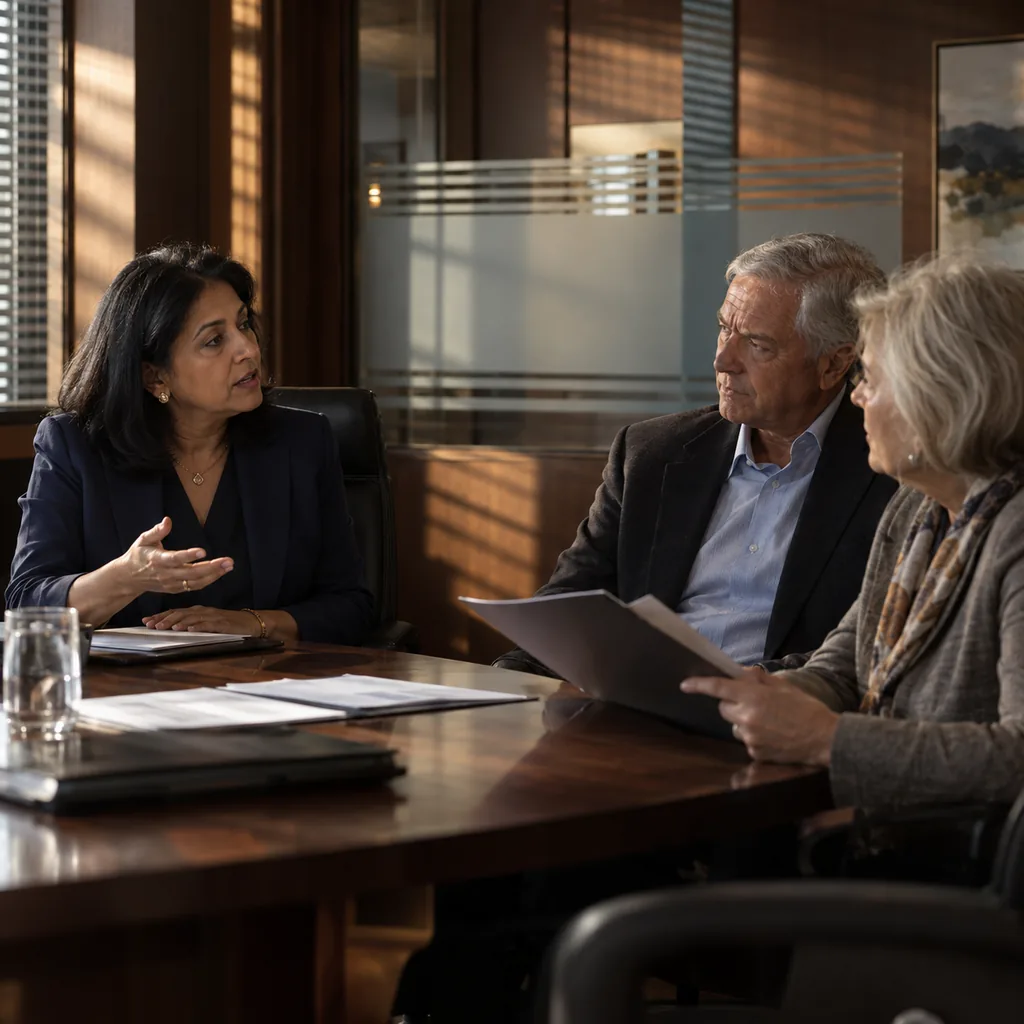A wealth advisor talks through a plan with a retired couple in a private meeting room