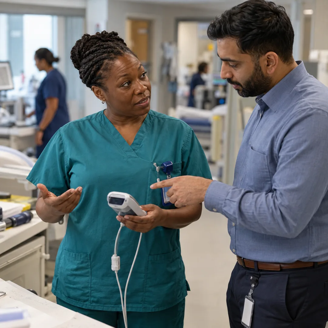 A medical-device representative answers a nurse manager’s question at a hospital ward station