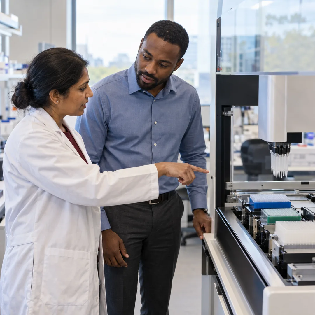 A scientist and a vendor representative discuss a pipetting robot in a laboratory