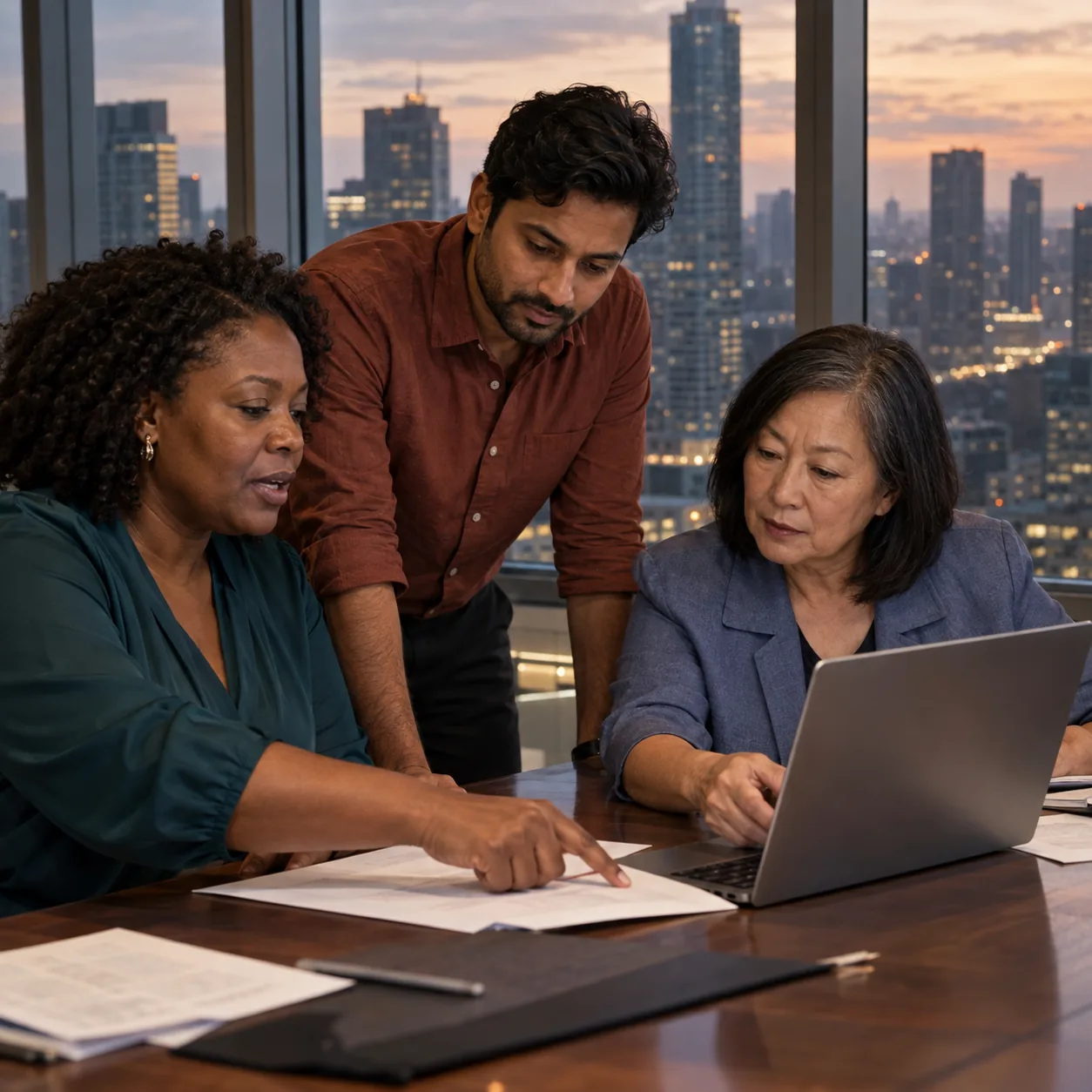Three colleagues work through documents around a laptop high above a city at dusk