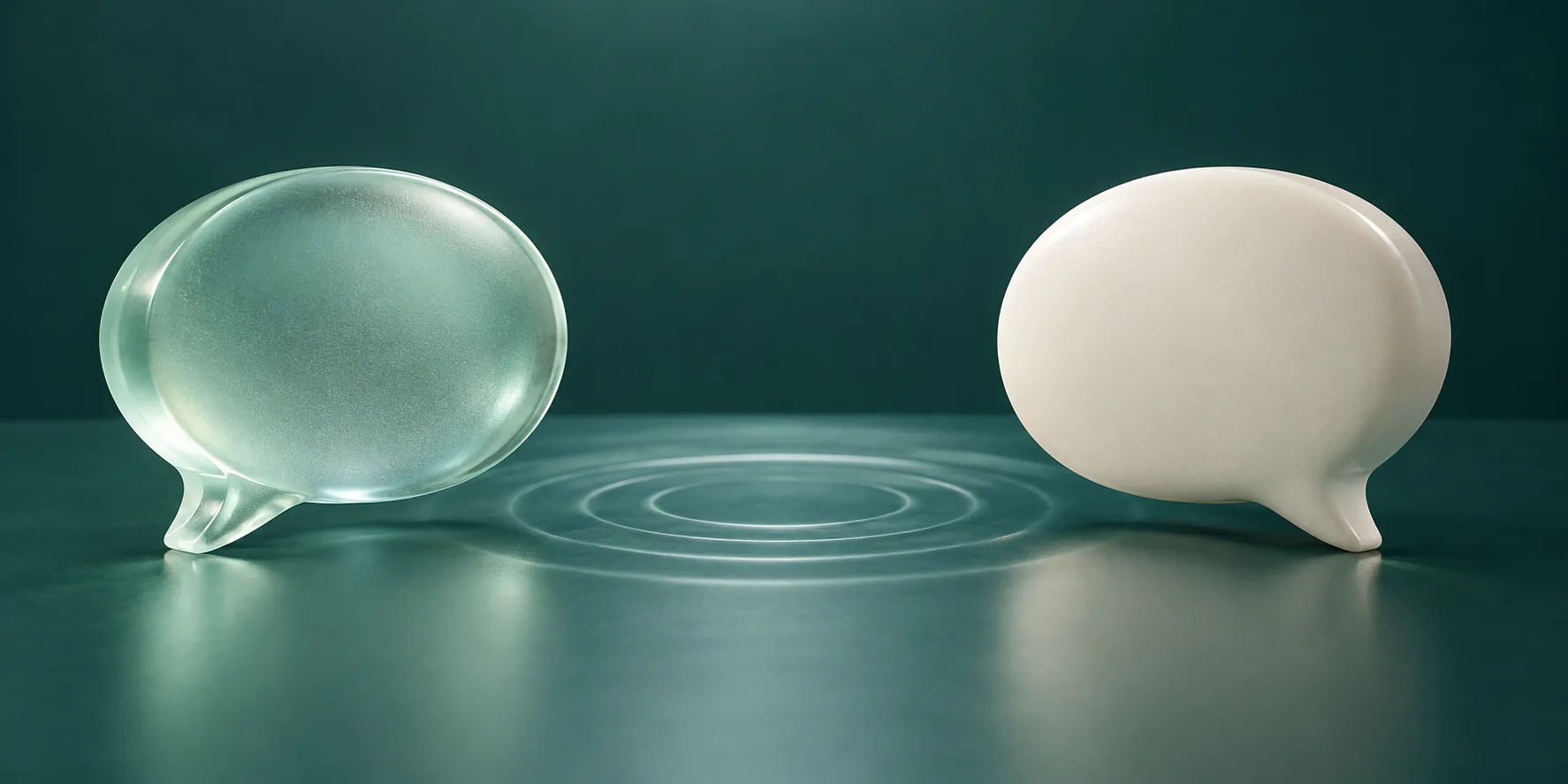 Two mint and ivory sculptural speech bubbles face each other above gentle ripples.