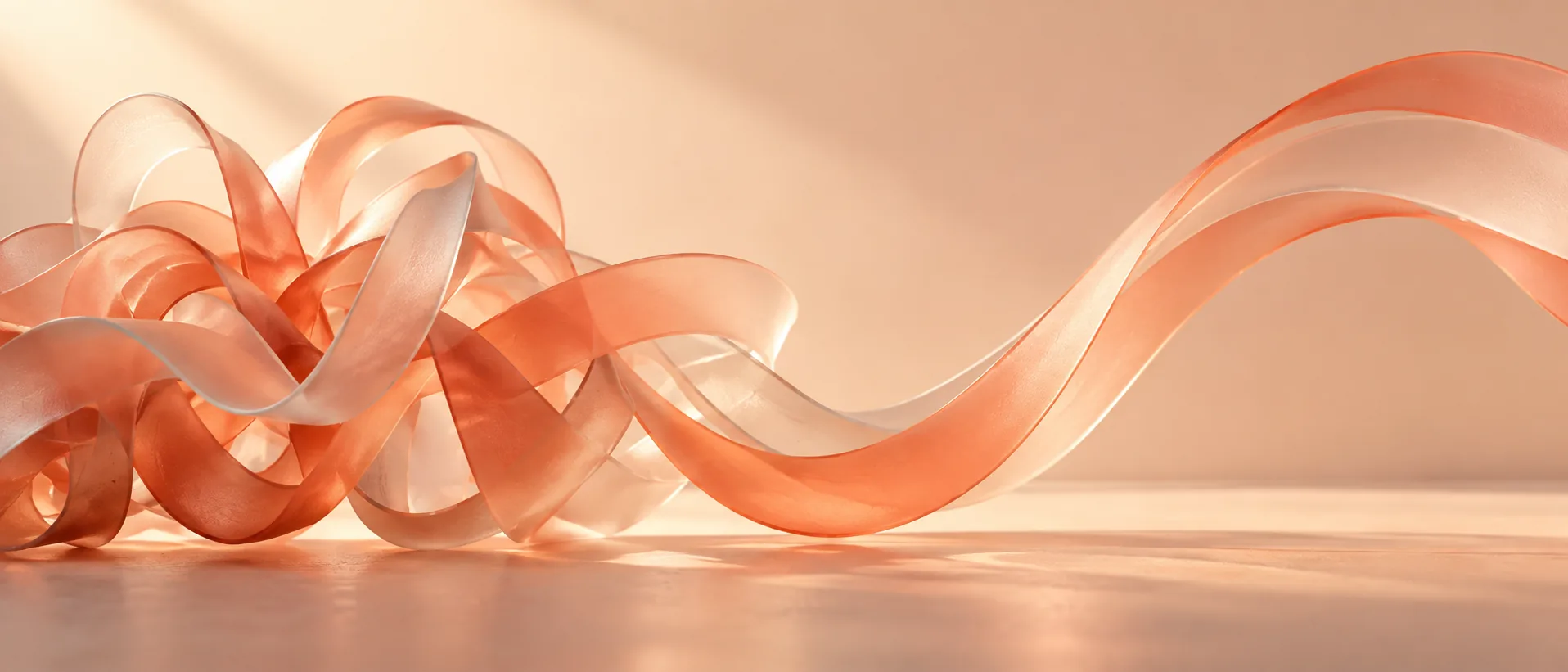 Coral glass ribbons resolve from a loose tangle into a flowing arc.