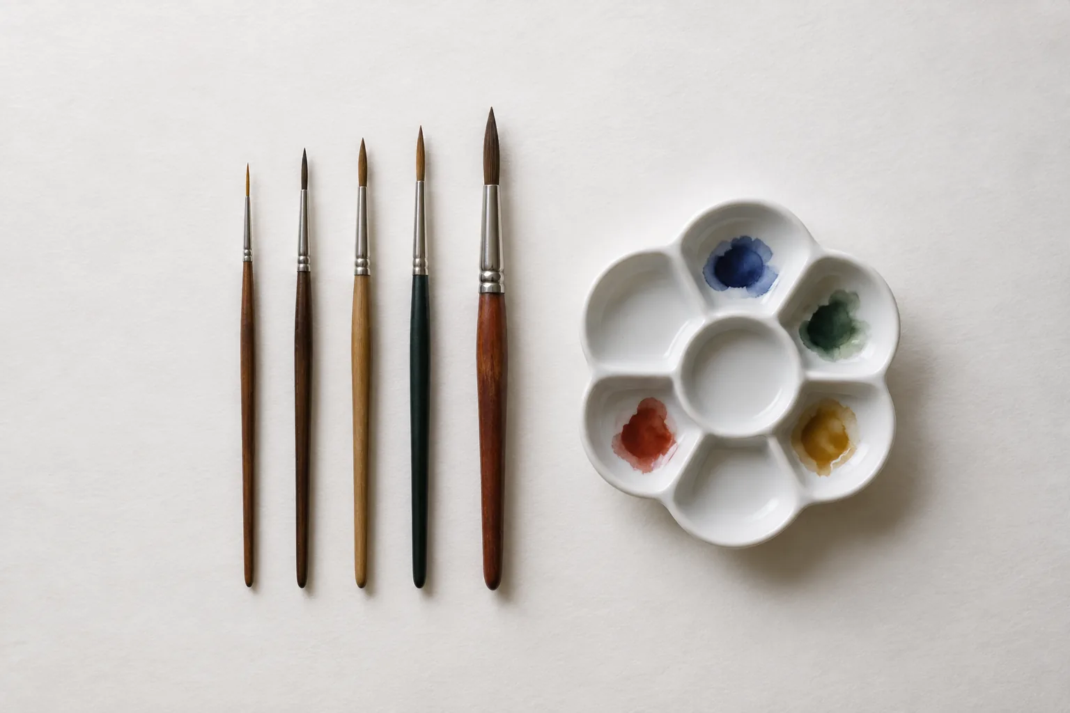 Fine paintbrushes laid out beside a small watercolour palette