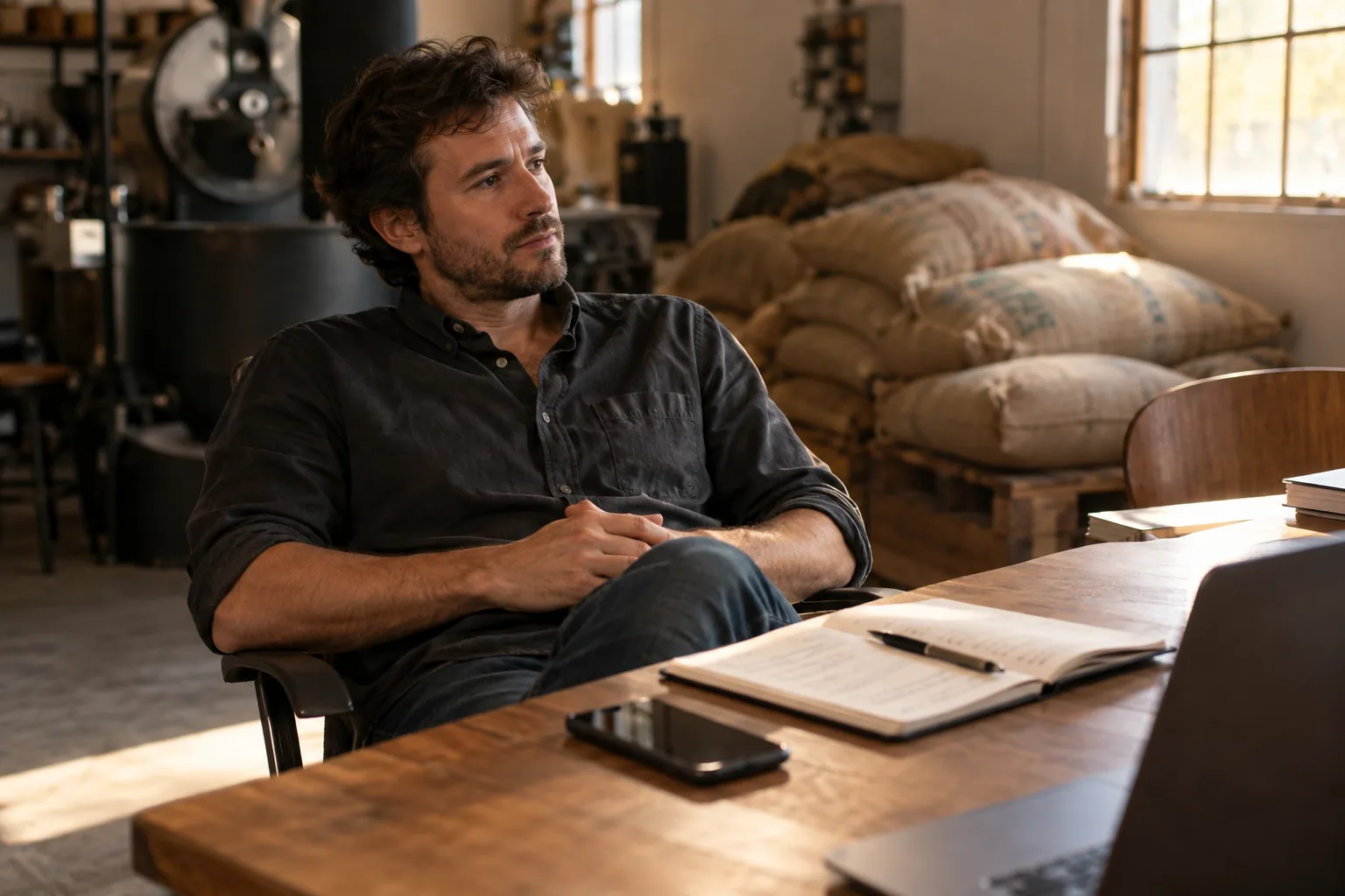 A founder leans back and listens to a call on speaker in his coffee-roastery office