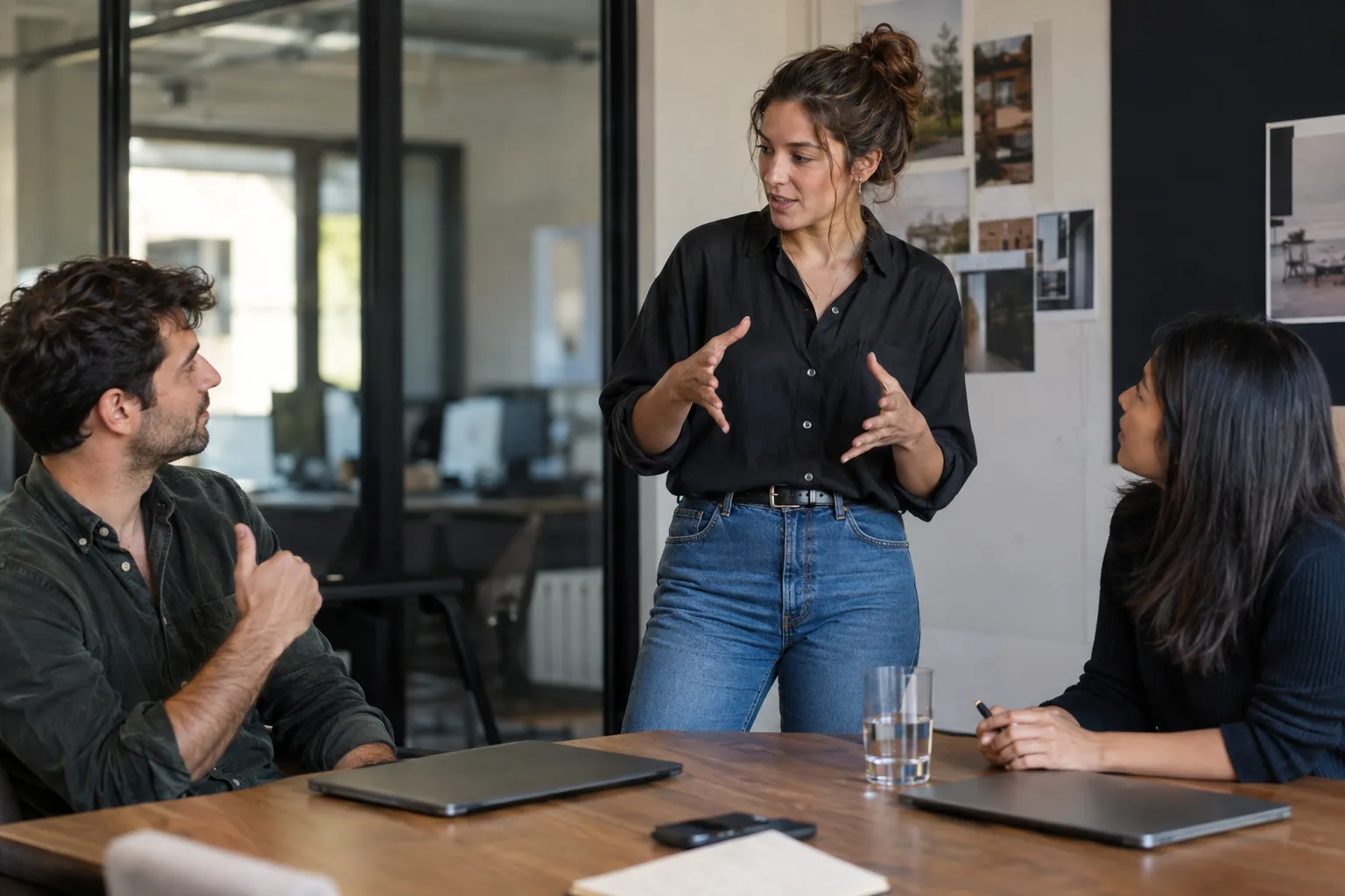 A team member rehearses how she explains the offer to two colleagues