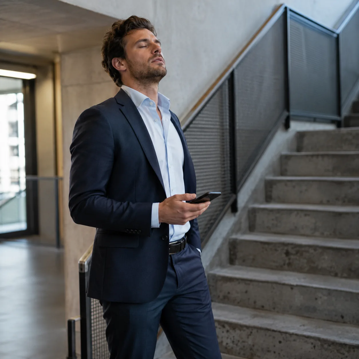 A man takes a breath in an office stairwell before making a call