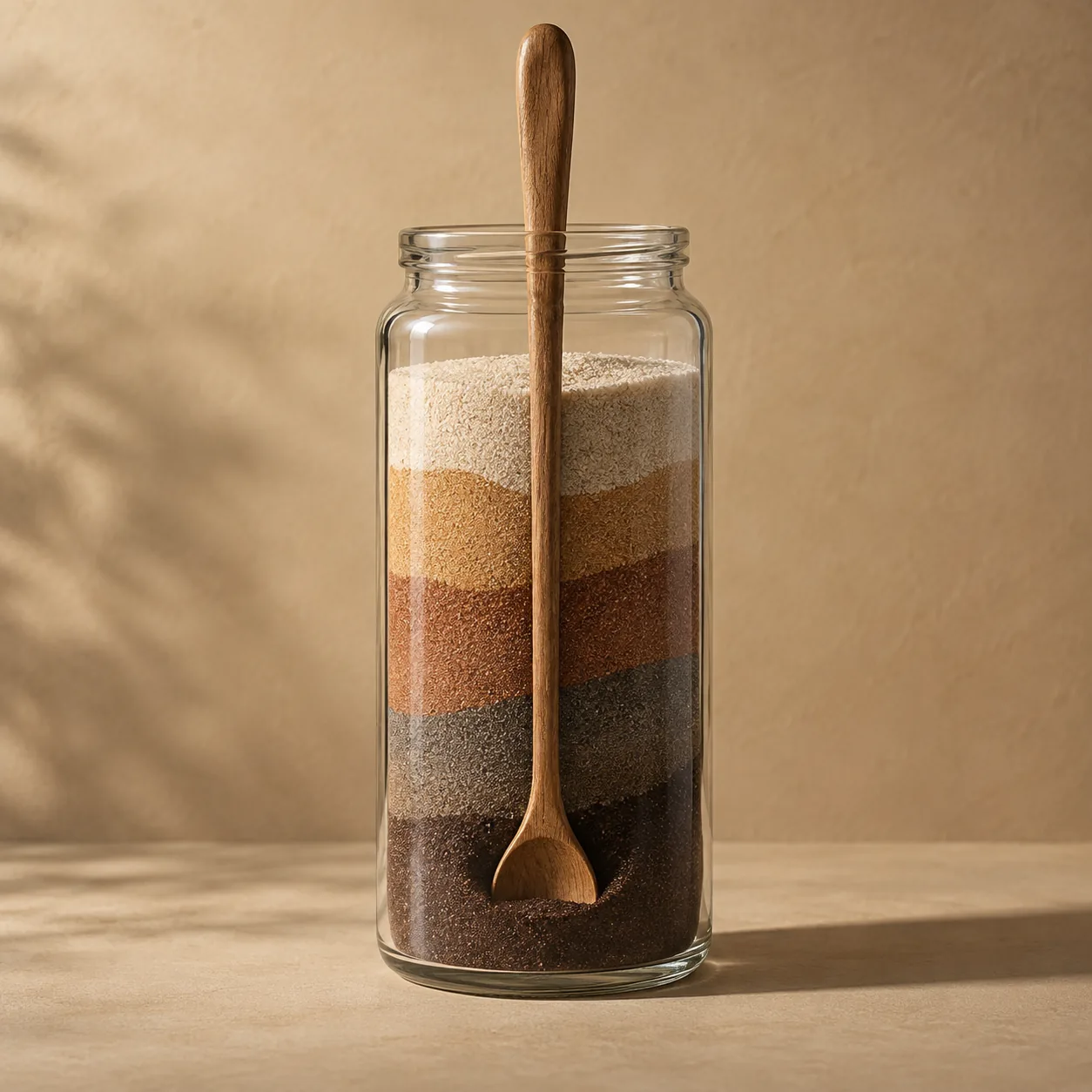A long wooden spoon reaching the deepest layer of a jar of coloured sand
