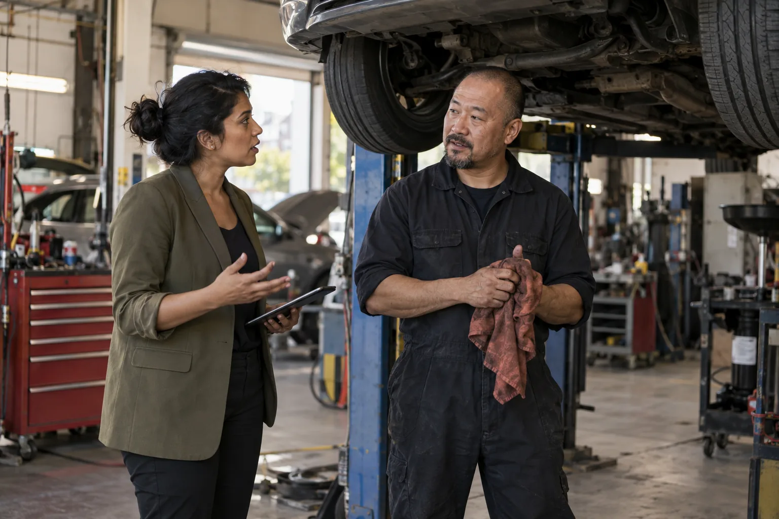 A rep asks a garage owner a question as he wipes his hands beside a car on a lift