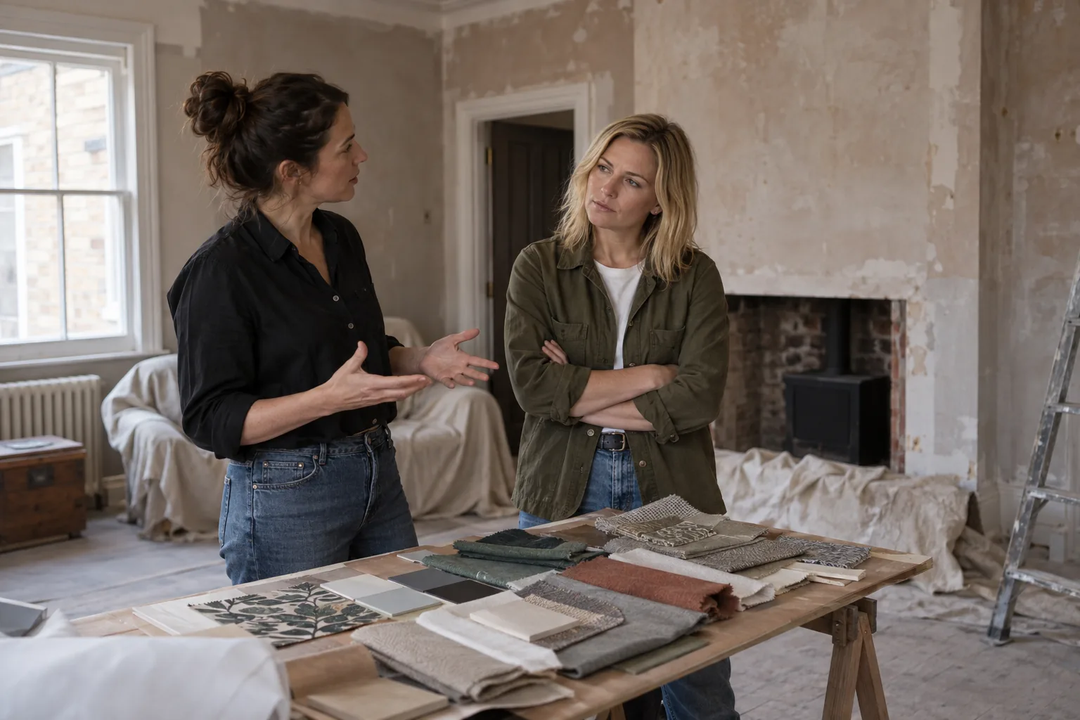 An interior designer asks a client a question among fabric swatches in a half-renovated room