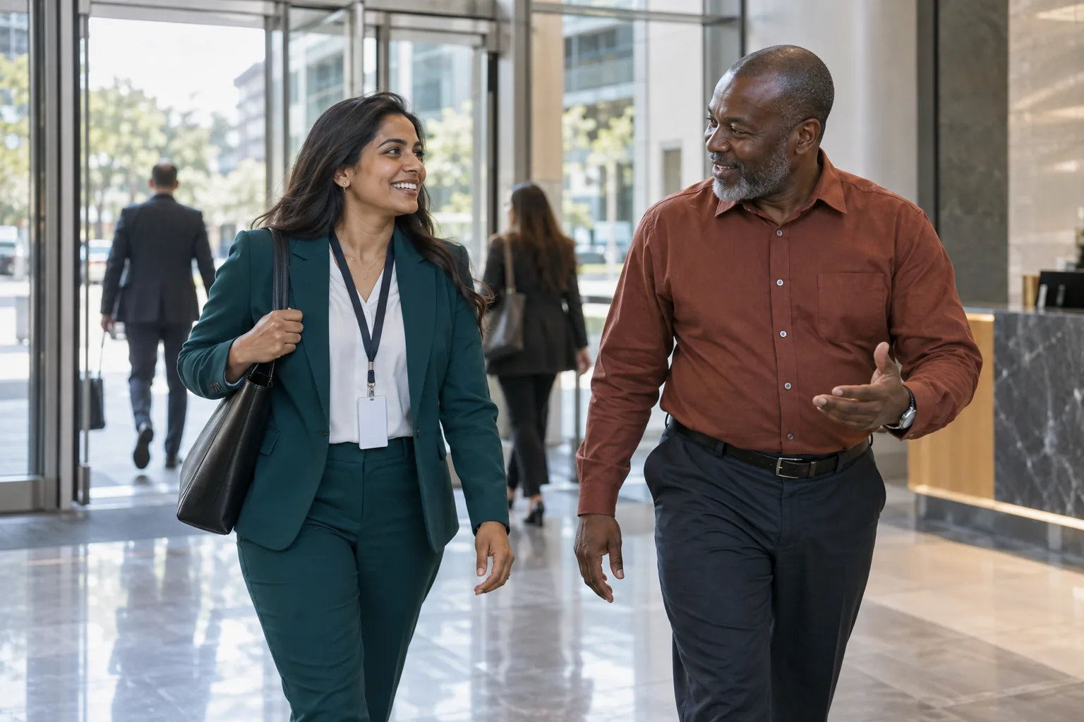 A rep is welcomed into a client’s office lobby