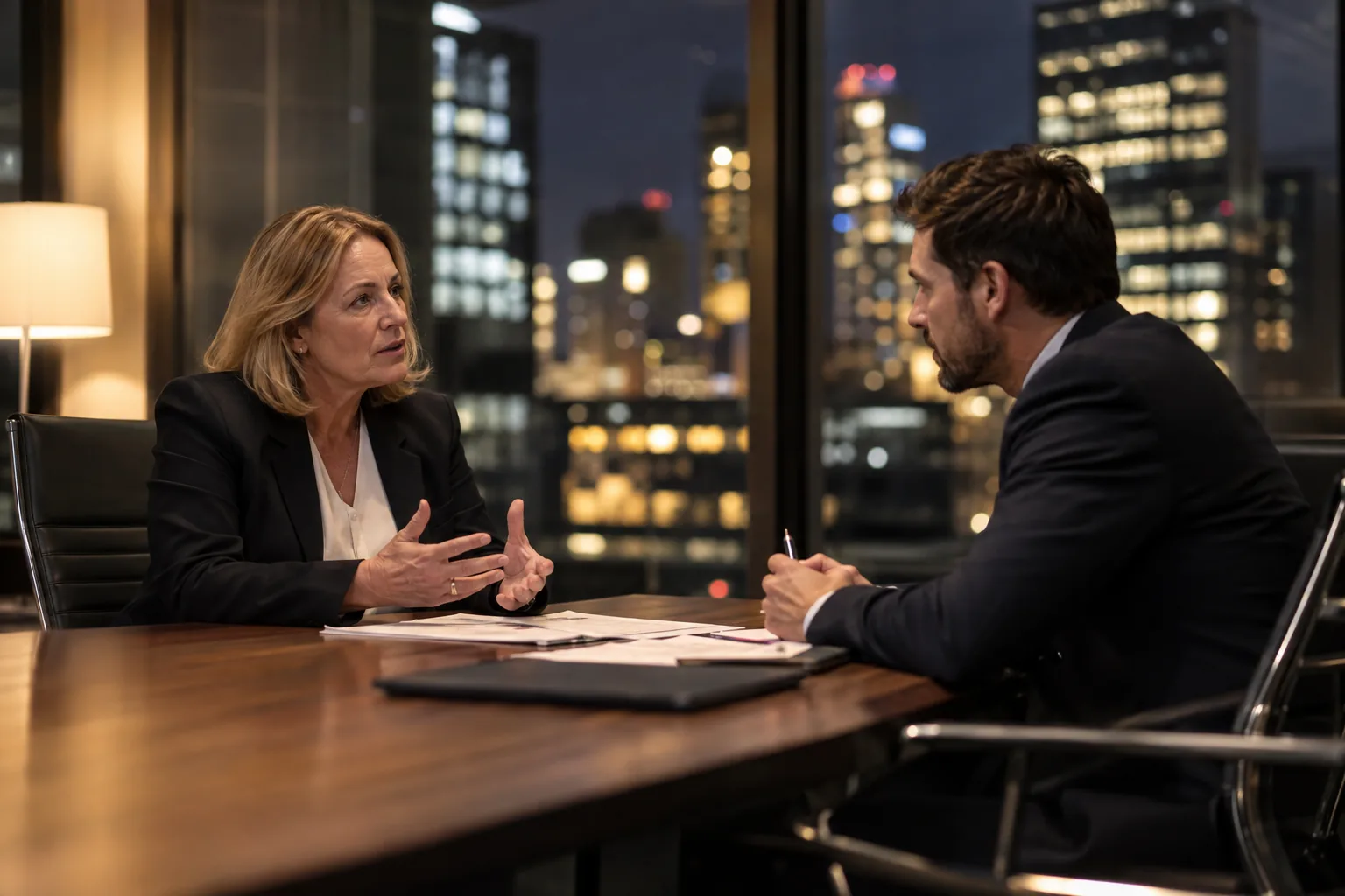 A finance director and an account director talk across a boardroom table in the evening