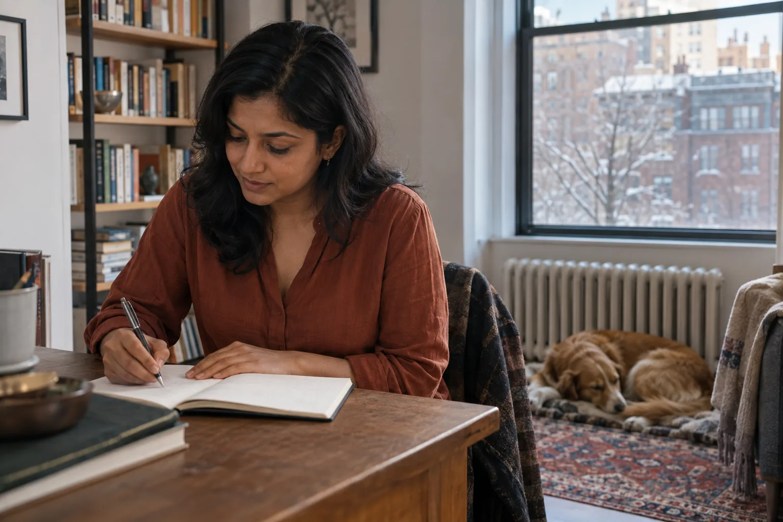 A woman writes in a notebook at her desk on a winter morning, her dog asleep behind her