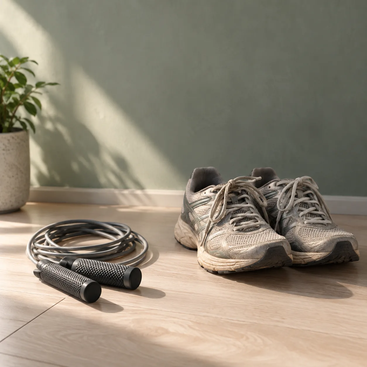 A skipping rope coiled beside a pair of worn running shoes