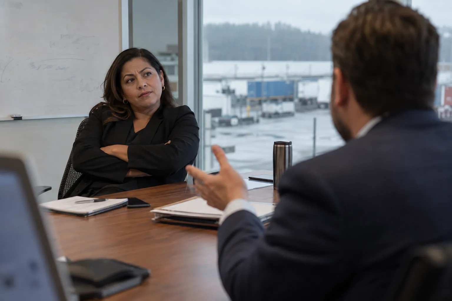 A procurement manager with folded arms listens as a salesperson asks her to say more