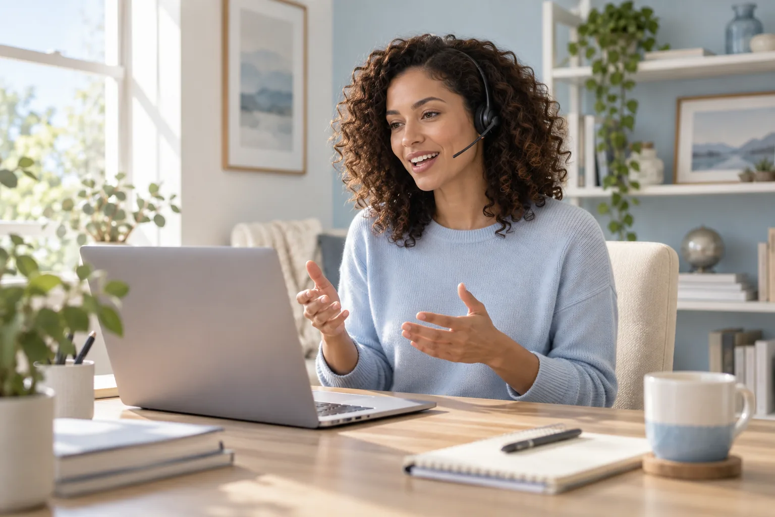 A woman practises a sales call out loud with a headset