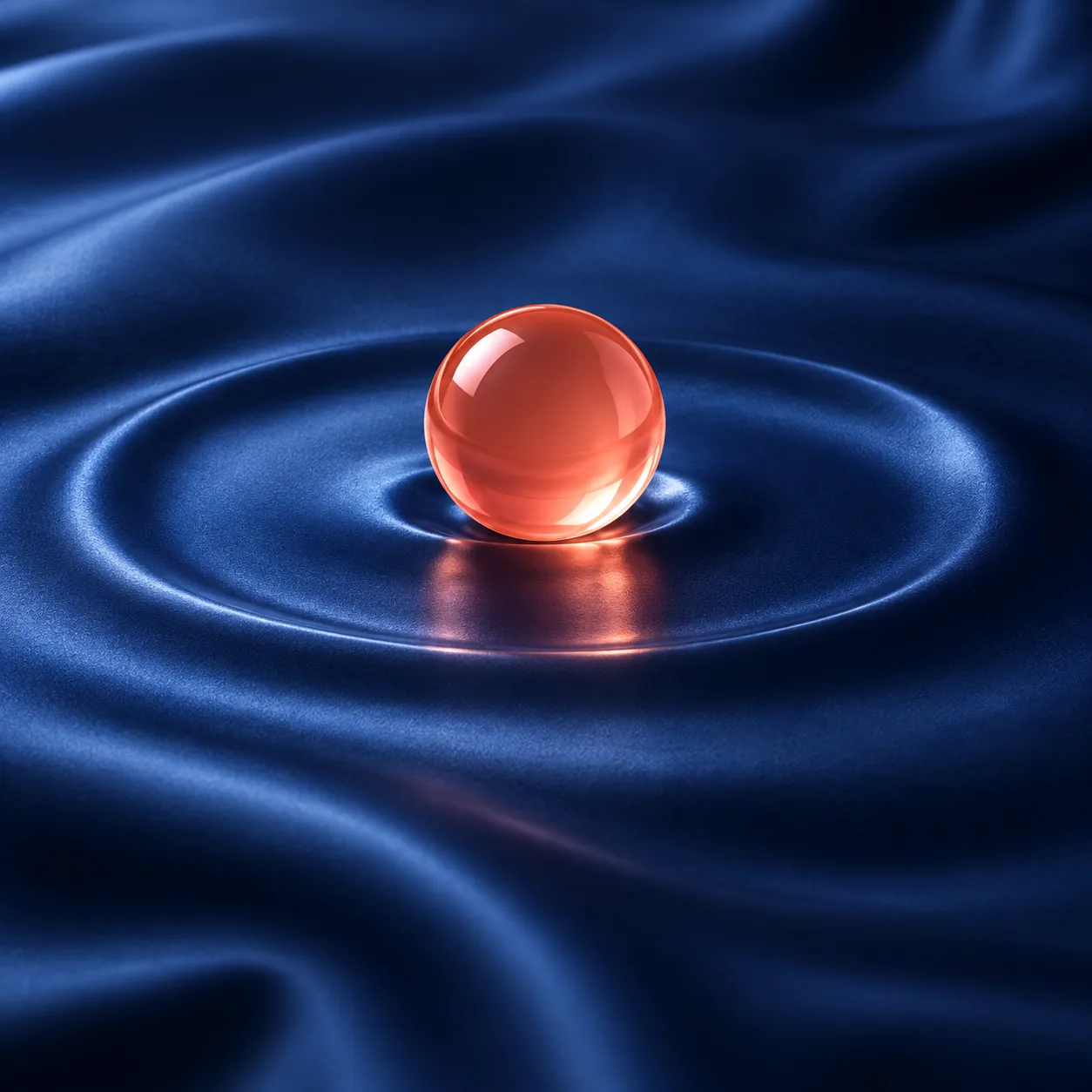 A red sphere resting in rippling dark blue silk