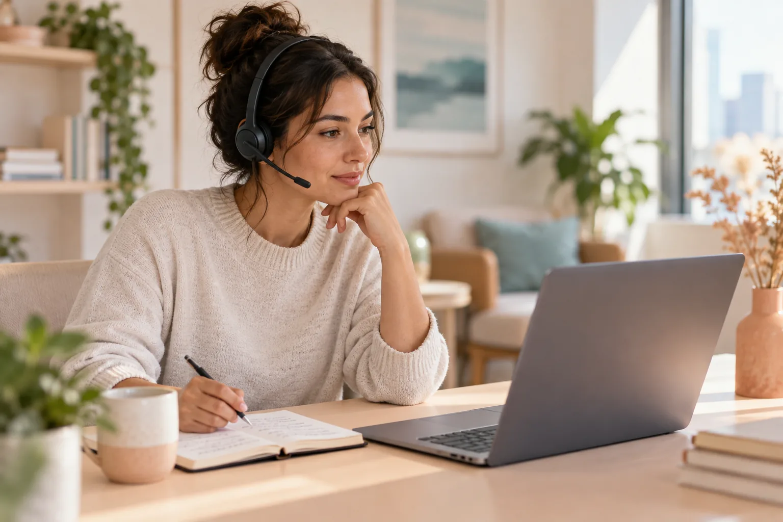 A support specialist with a headset listens to a customer at a sunny desk