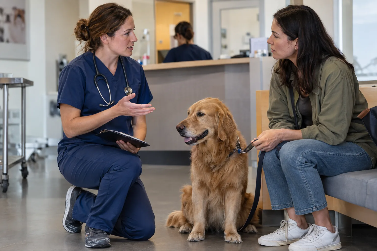 A vet explains a treatment plan to a dog owner at a clinic reception