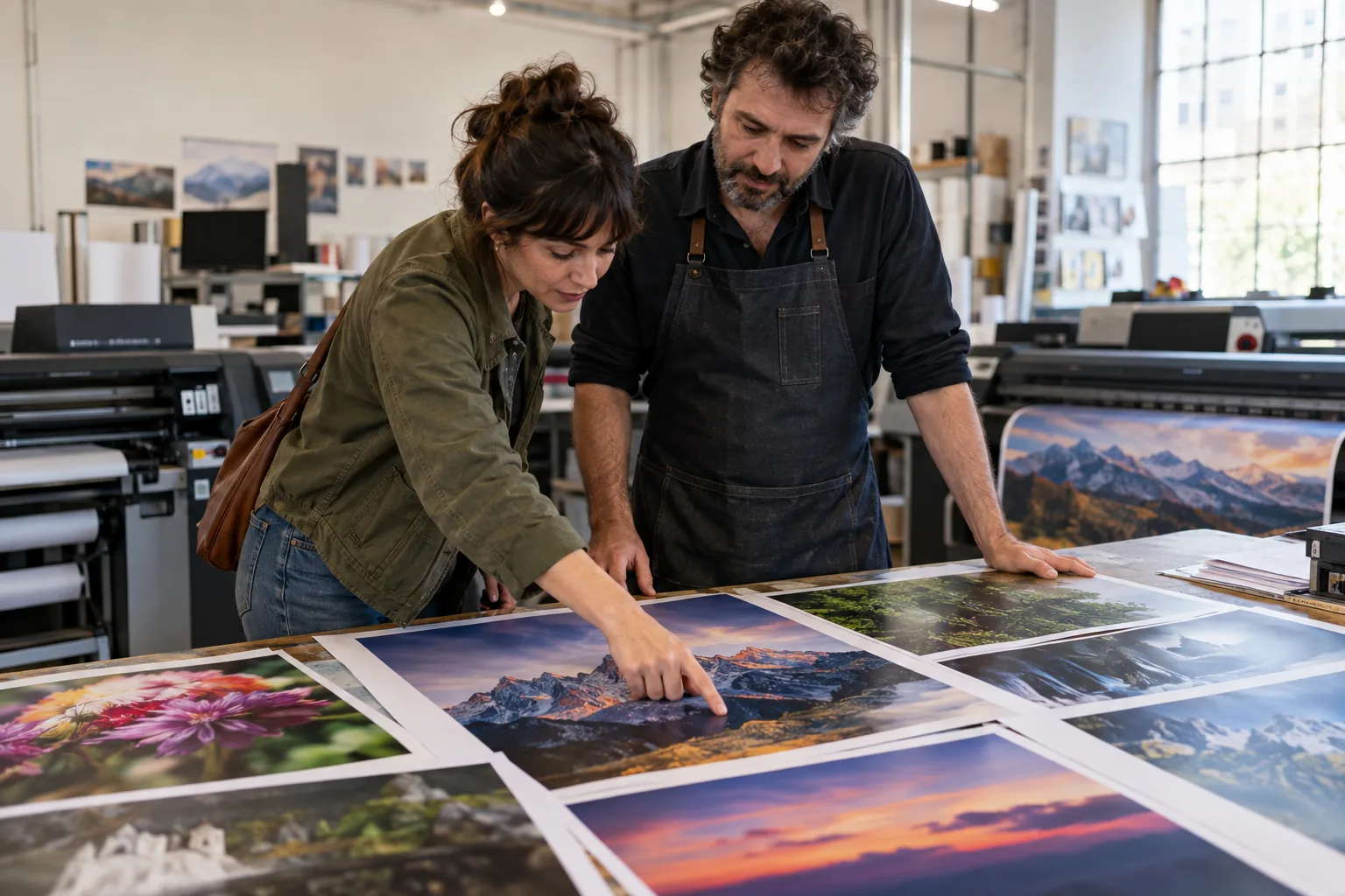A print shop owner and a customer review large colour proofs