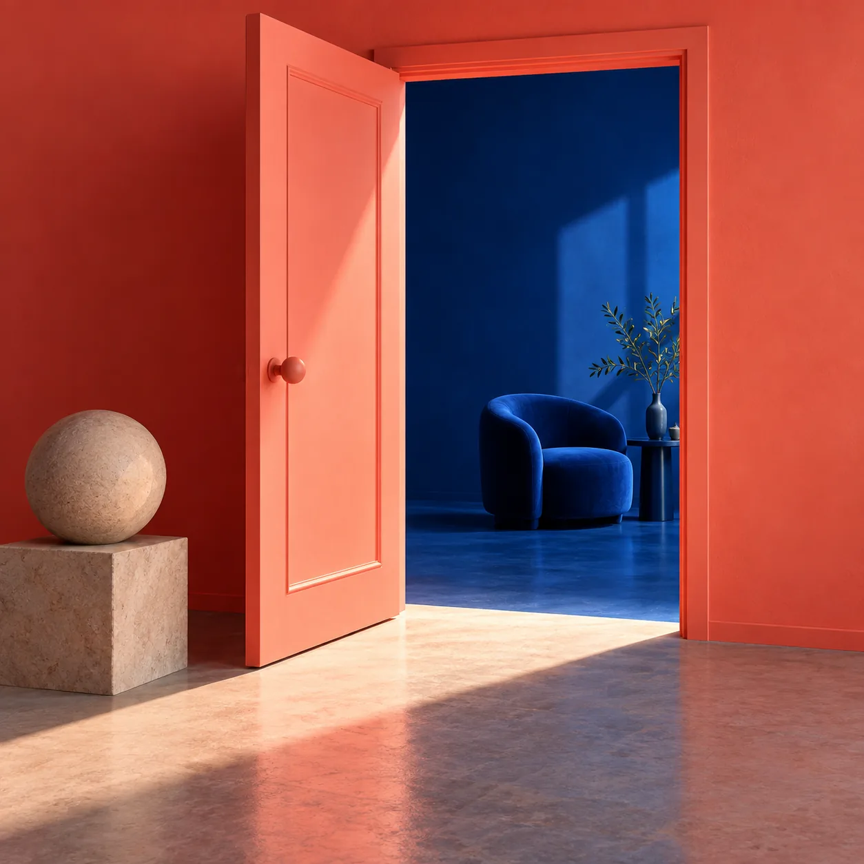 A red door opening into a blue room