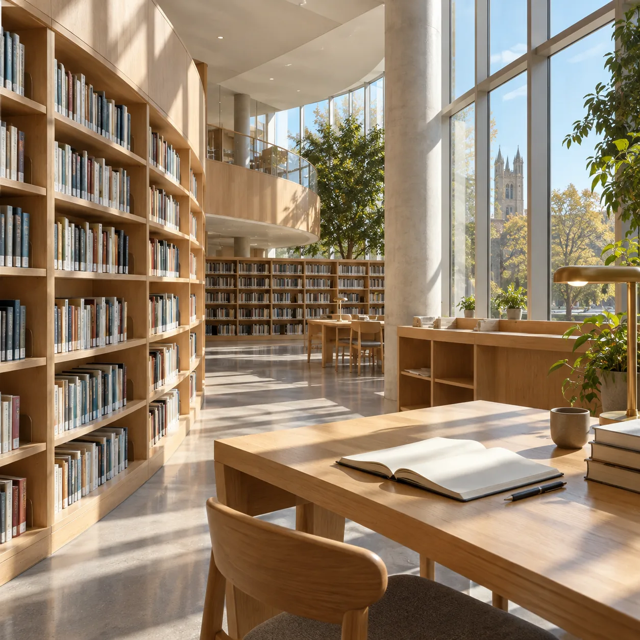 A bright library reading room with long tables