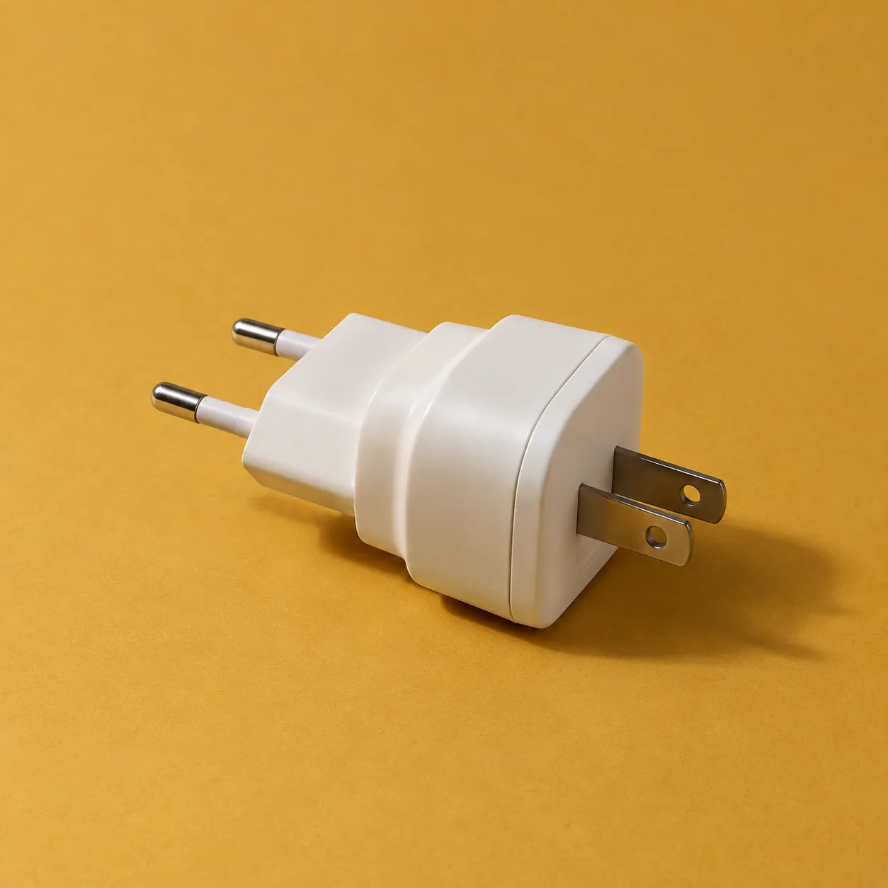 A travel plug adapter on an ochre background