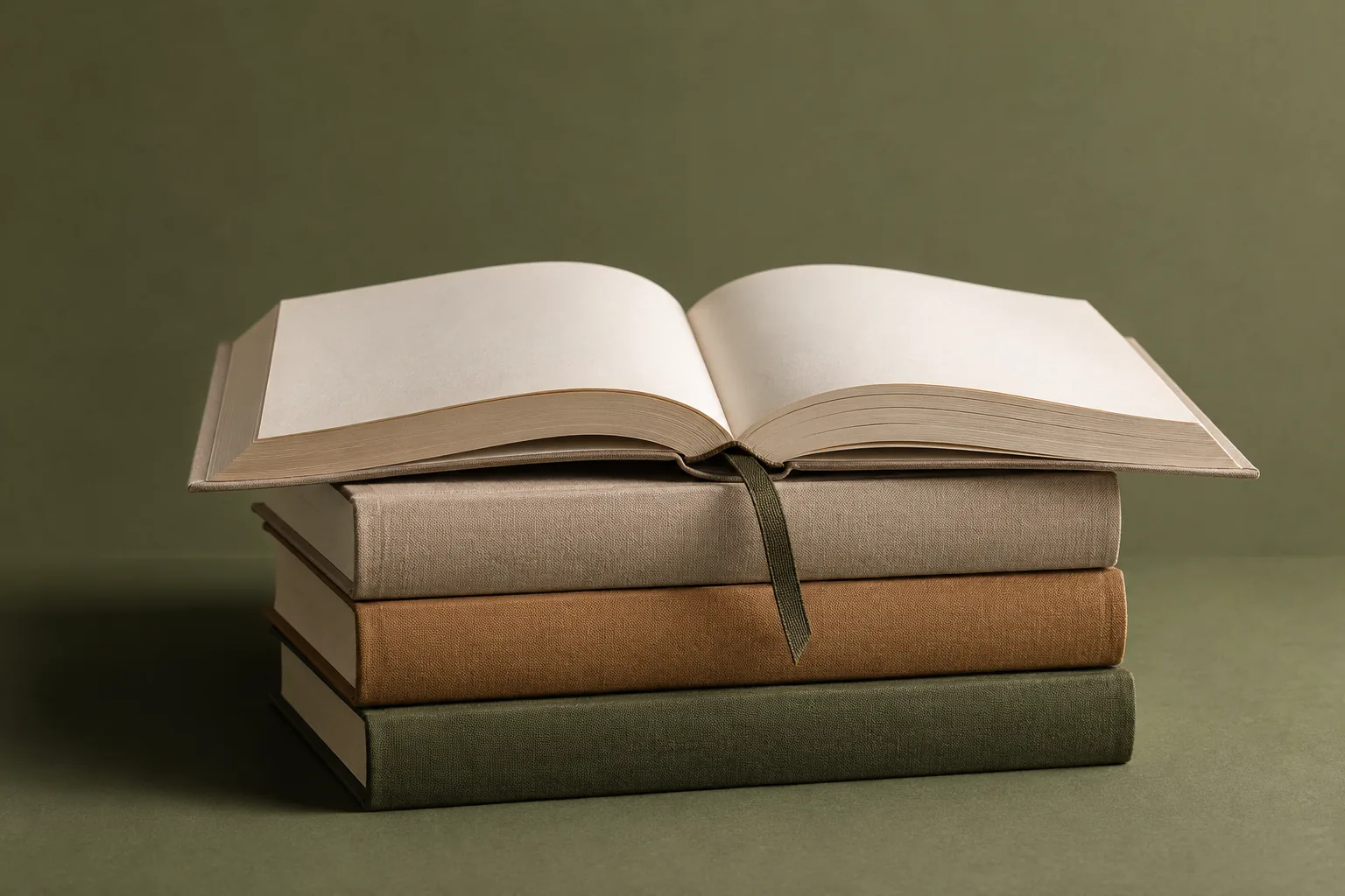 A stack of cloth-bound books, the top one open with a ribbon bookmark