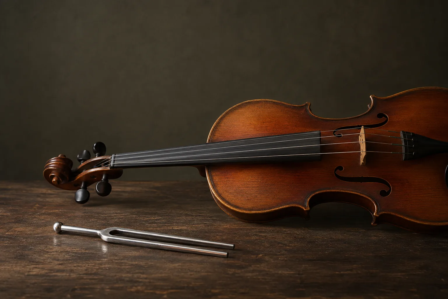 A tuning fork lying beside a violin