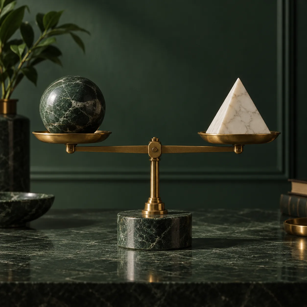 A brass balance on dark green marble