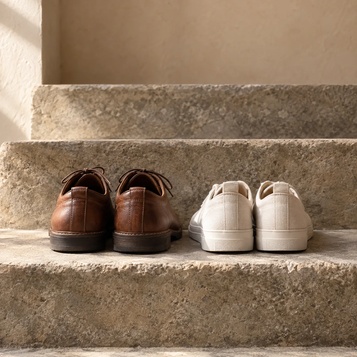 Two pairs of shoes side by side on stone steps