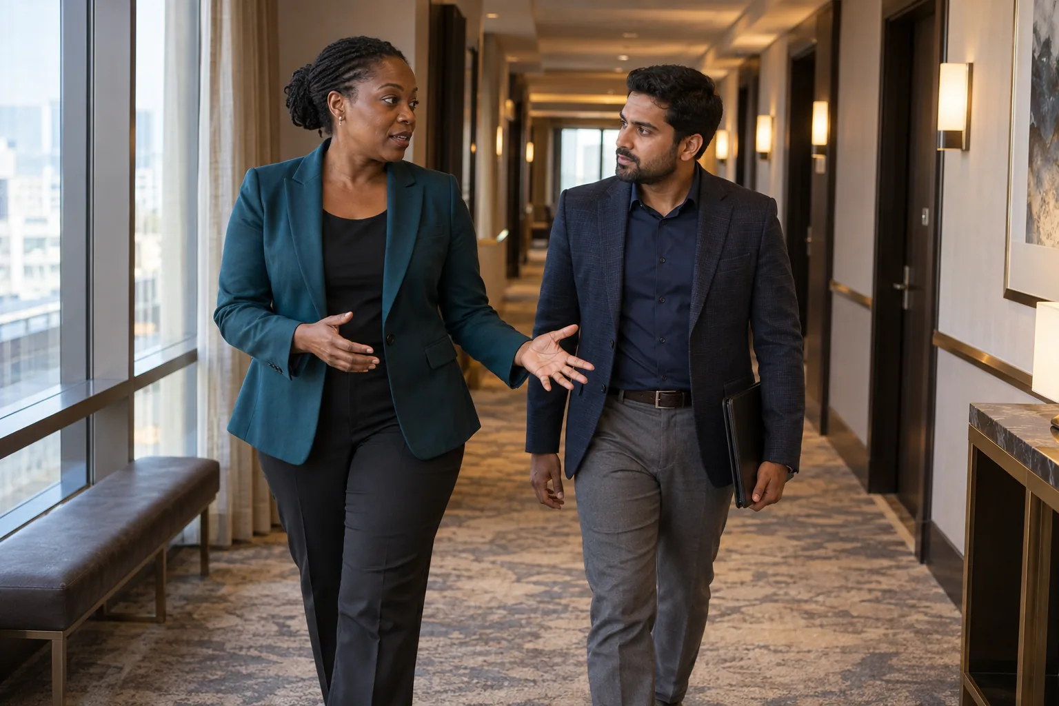 A hotel manager explains as she walks a rep down a corridor