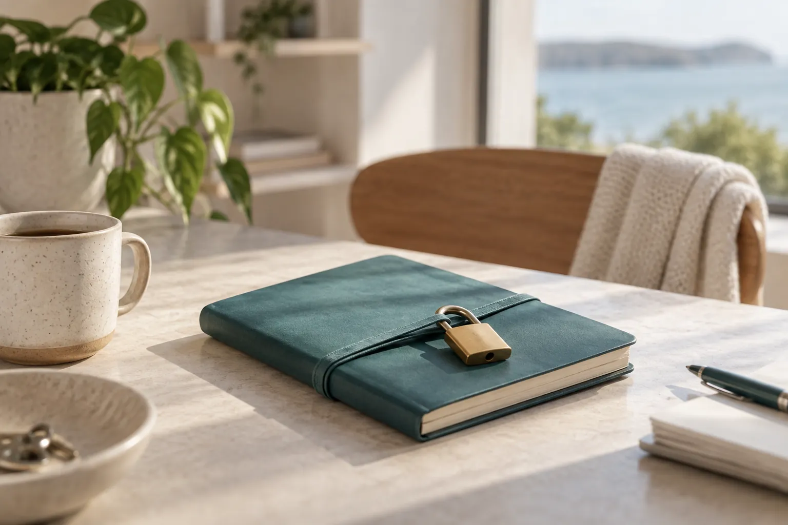 A notebook fastened with a small padlock on a wooden table