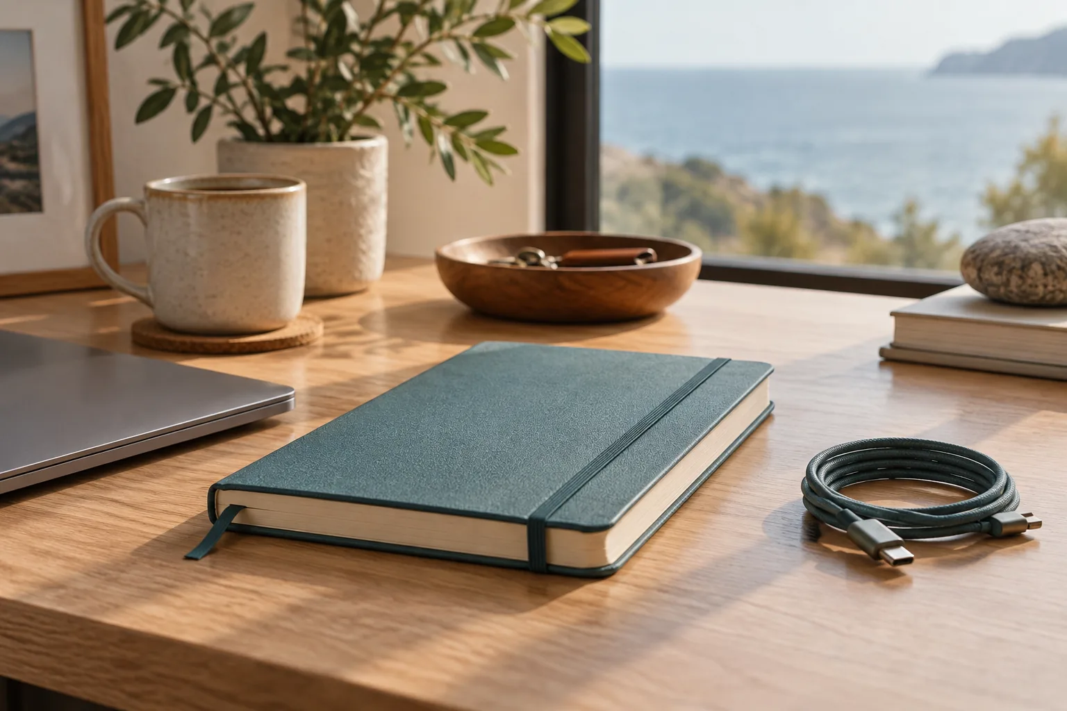 A notebook, laptop and cable on a sunny desk