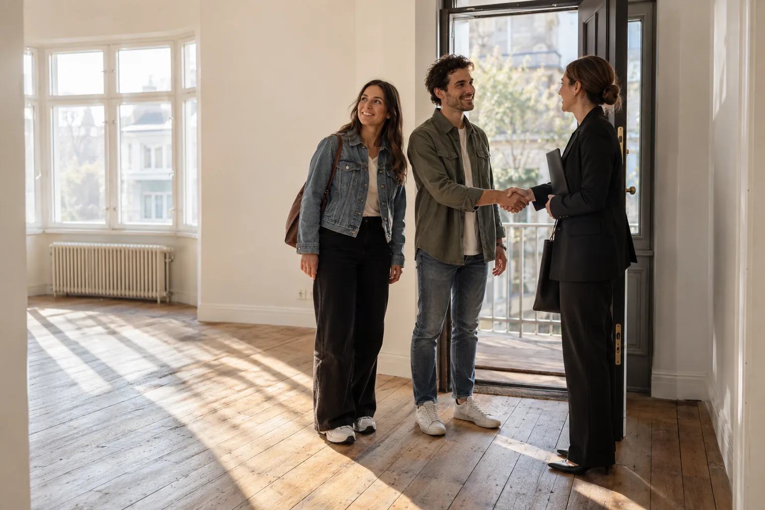 An estate agent greets a young couple at the door of an empty flat
