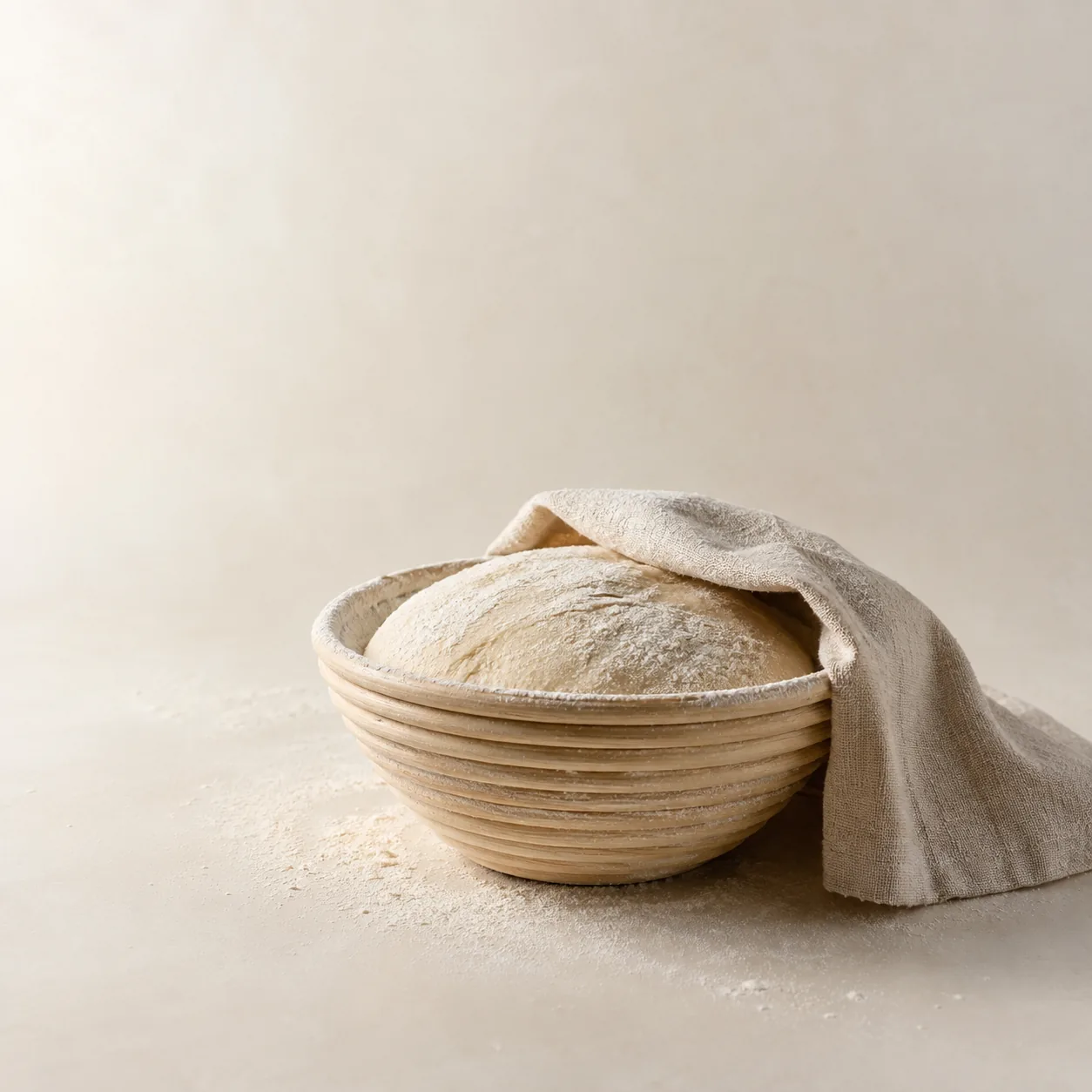 Bread dough rising in a proving basket with the cloth lifted back