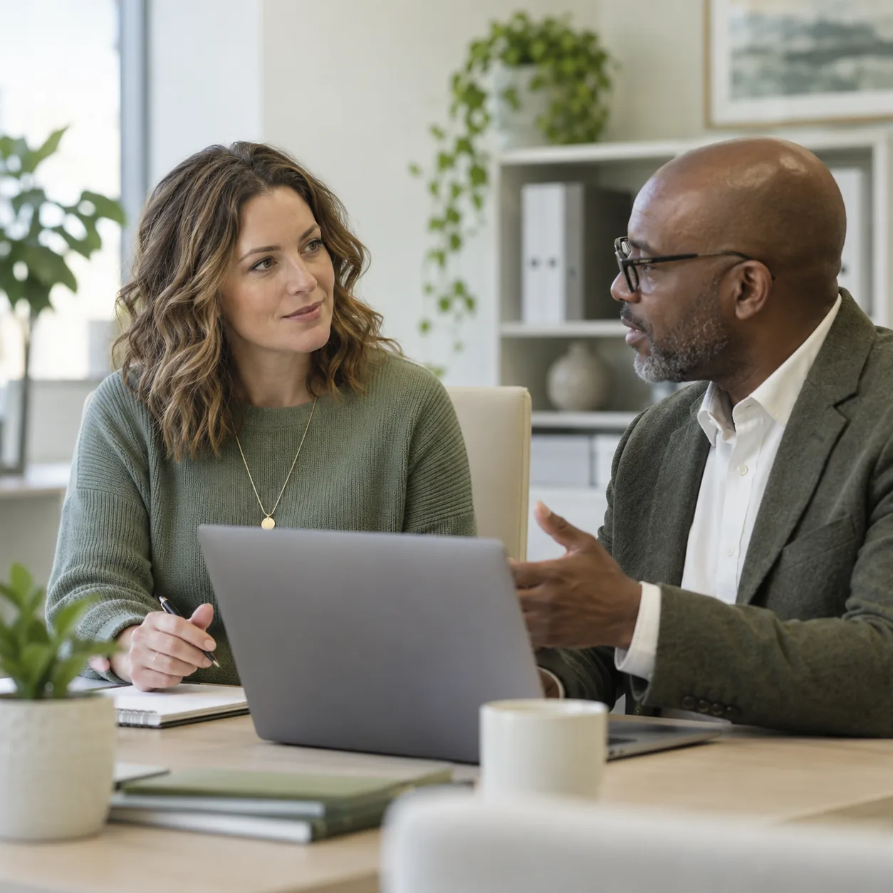 Two colleagues discuss a plan at a laptop