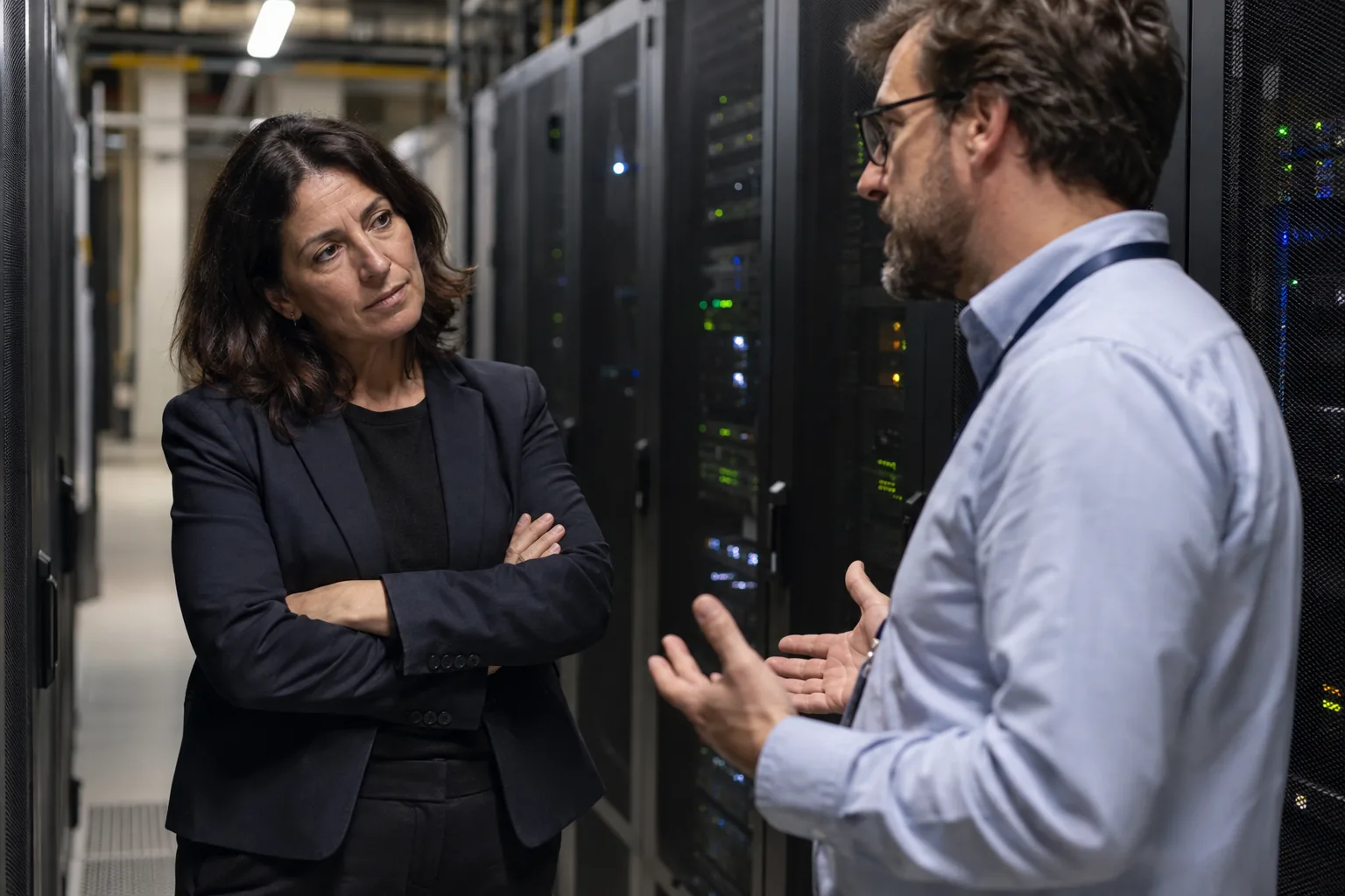 An IT director with folded arms questions a vendor in a server room