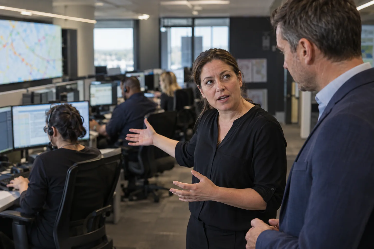 An operations lead gestures toward her team while talking to a rep
