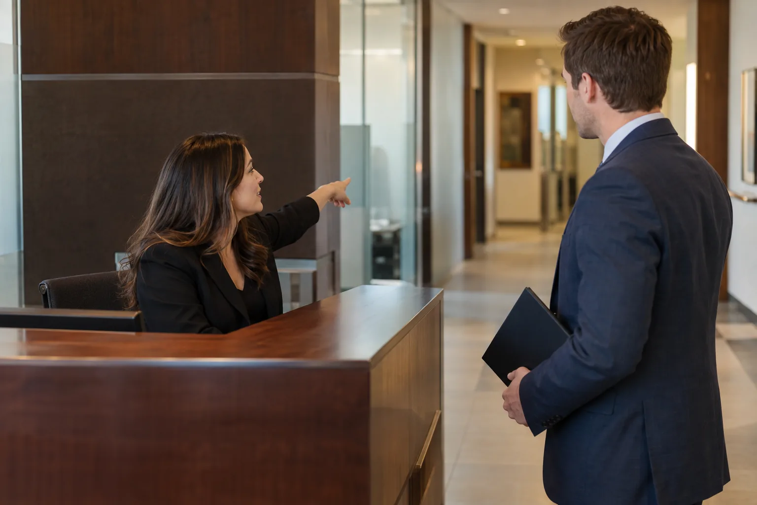 A receptionist points a rep down the corridor