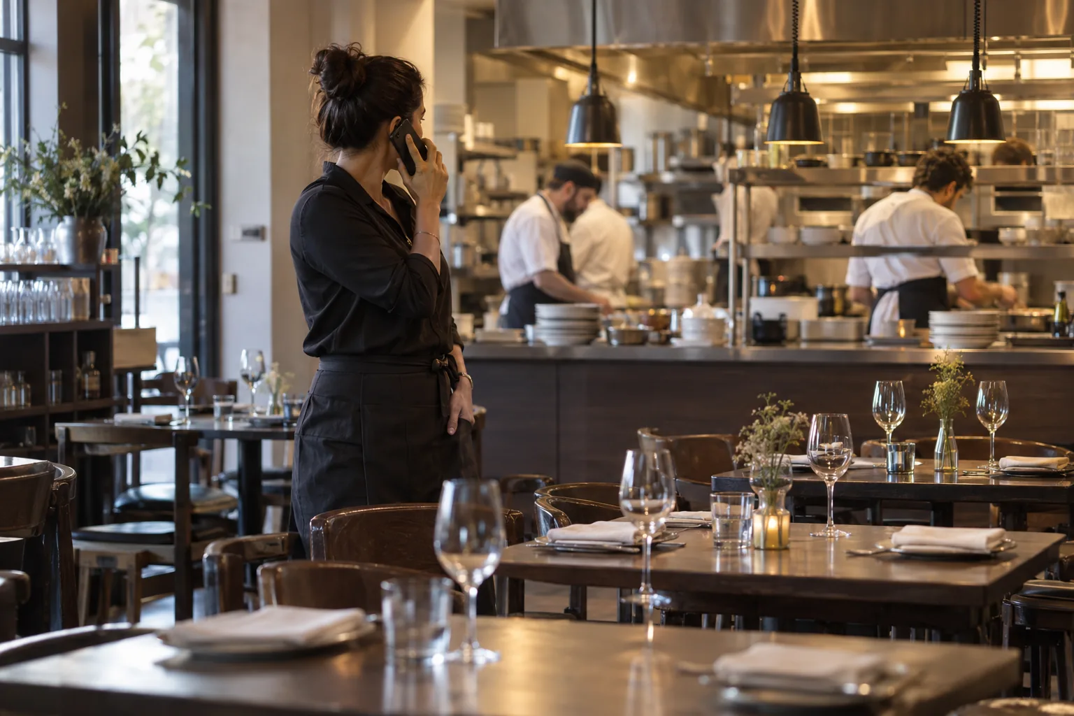 A restaurant owner on the phone looks back toward her kitchen team