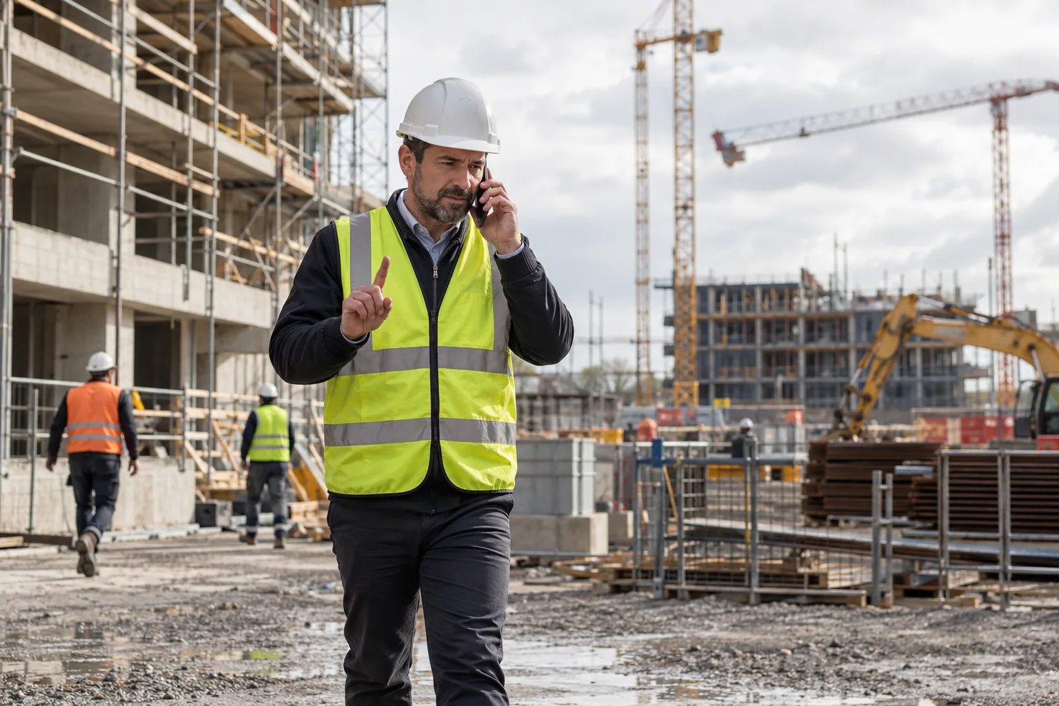 A site manager on a construction site holds up one finger while on a call