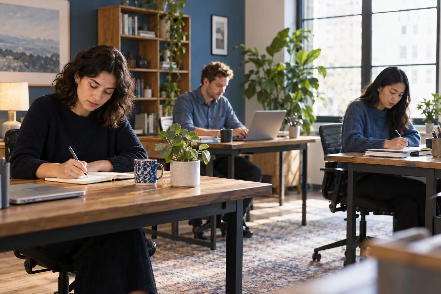 People working at desks in a bright shared office