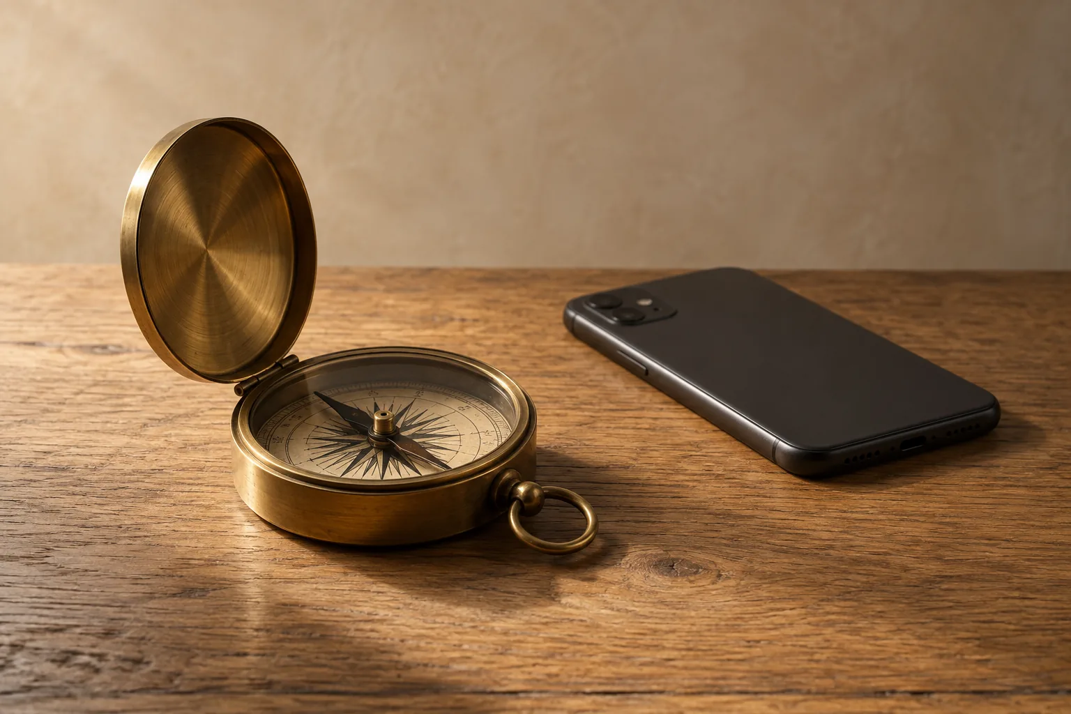 A brass compass beside a smartphone on an oak table