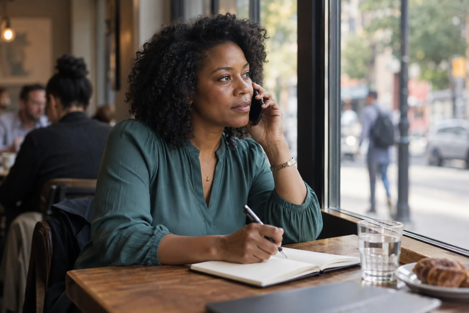 A rep listens intently on a phone call at a café window, pen ready