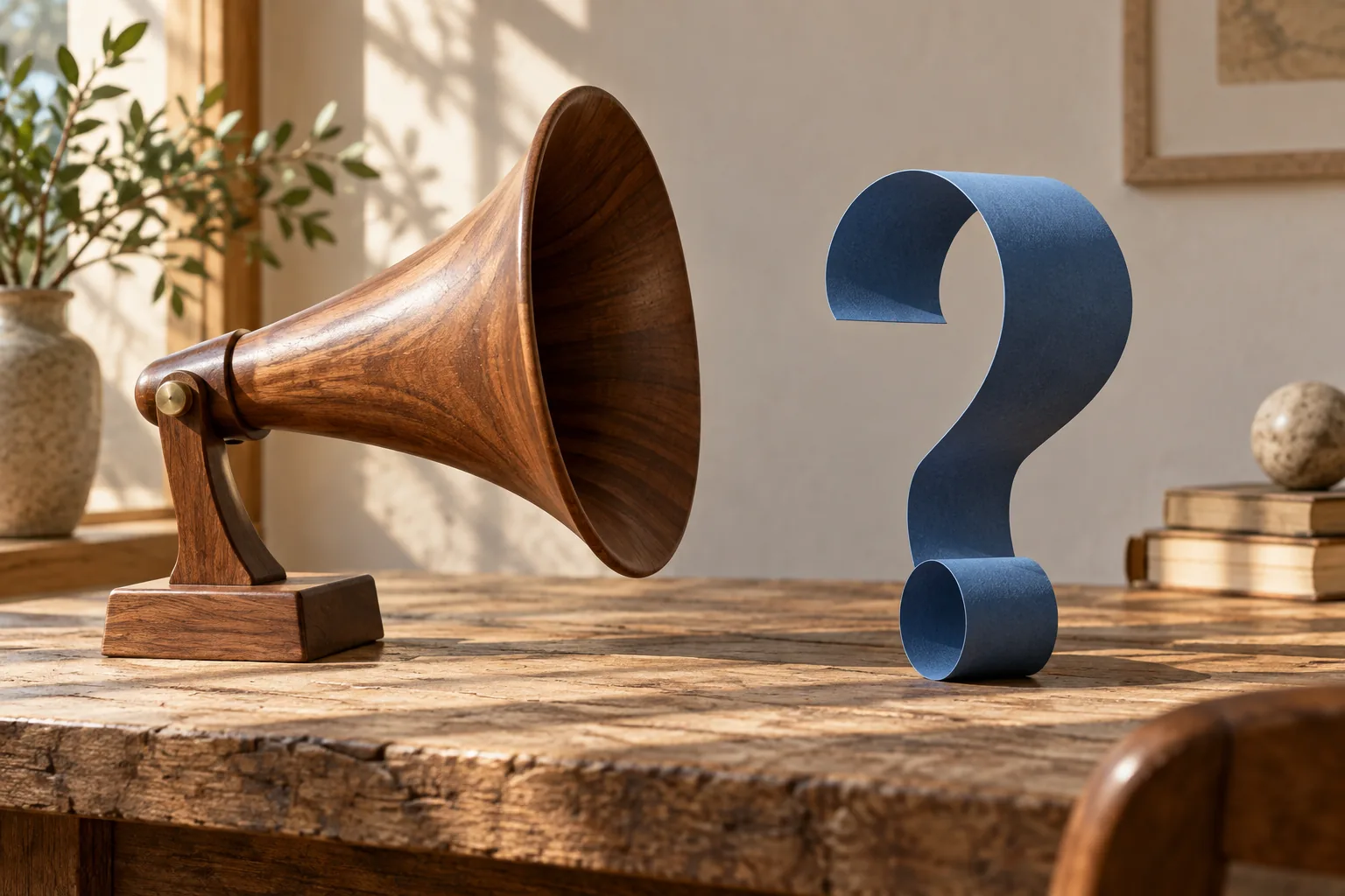 A wooden gramophone horn facing a blue question mark