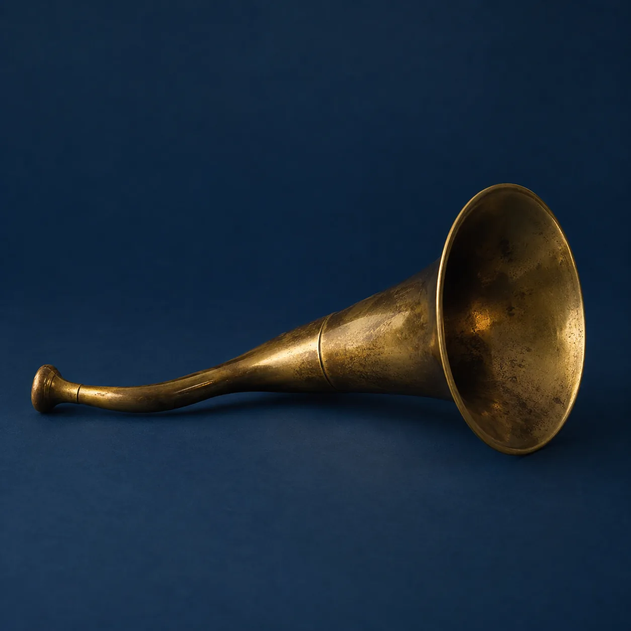 A brass ear trumpet on a deep blue background